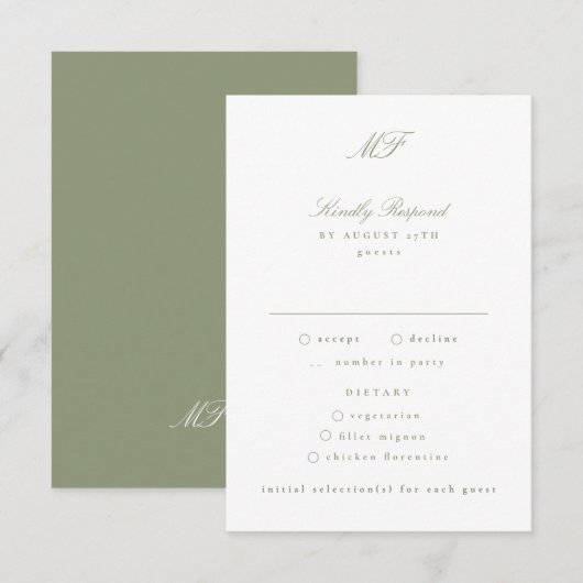 Traditionelle Mongram Classic Sage Green Wedding RSVP Karte (Vorne/Hinten)