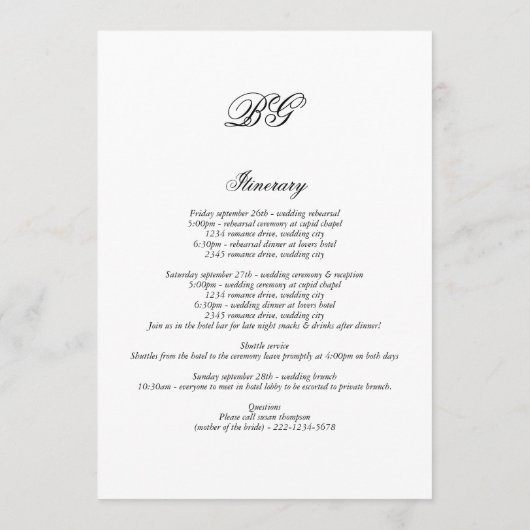 Traditionelle Mongram-Hochzeitreise Programm (Rückseite)