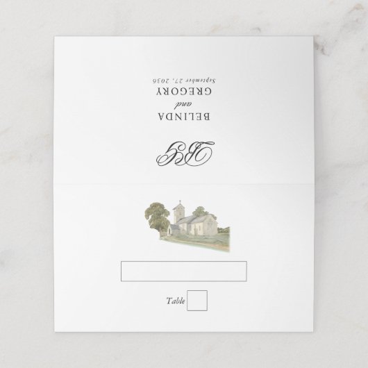 Traditionelle Monogramm-Hochzeit der Wasserfarbenk Platzkarte (Außenseite Aufgefaltet)