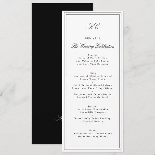 Traditionelle Monogramm-Hochzeit Menükarte (Vorne/Hinten)