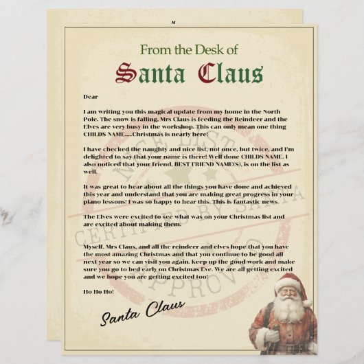 Traditionelle "Nice List" Brief vom Weihnachtsmann (Vorne/Hinten)