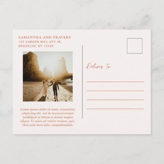 Traditionelle Orange Hochzeit speichern das Datum Ankündigungspostkarte (Rückseite)