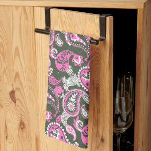 Traditionelle Paisley Linocut Warm Pink Deep Green Geschirrtuch