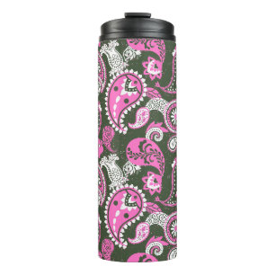 Traditionelle Paisley Linocut Warm Pink Deep Green Thermosbecher