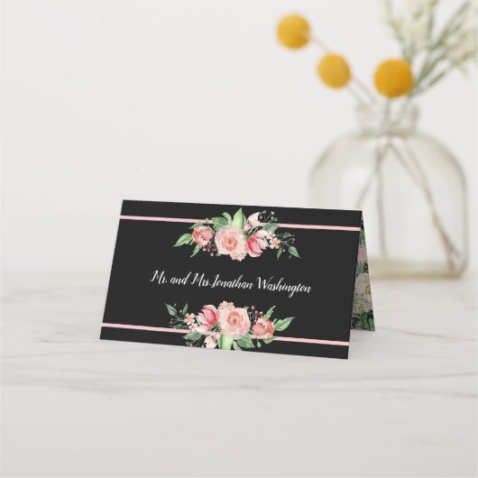Traditionelle rosa Rosen | Schwarz | Blumendesign Platzkarte (Rückseite)