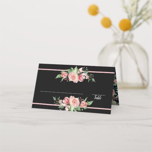 Traditionelle rosa Rosen | Schwarz | Blumendesign Platzkarte (Vorderseite)