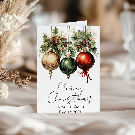 Traditionelle rote grüne Gold Bauble Holly Weihnac Karte