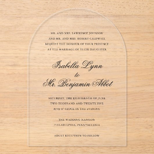 Traditionelle Schwarz-Weiß-Hochzeit Acryleinladungen (Vorderseite)