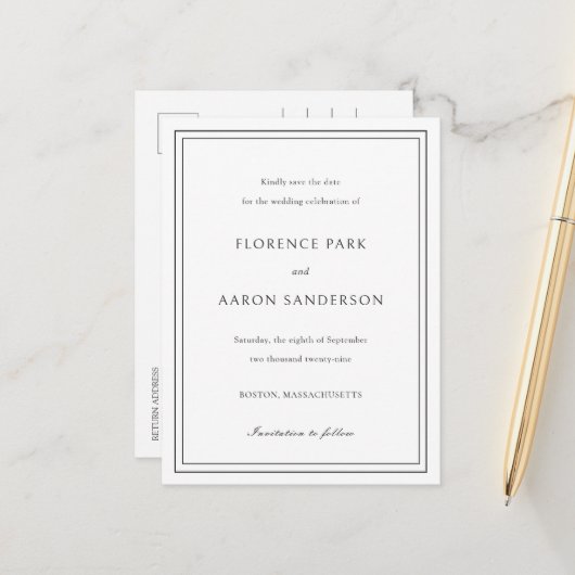 Traditionelle Schwarz-Weiß-Hochzeit speichern Sie  Ankündigungspostkarte (Vorderseite/Rückseite Beispiel)