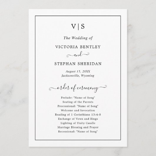 Traditionelle schwarz-weiße Monogramm-Hochzeit Programm (Vorderseite)