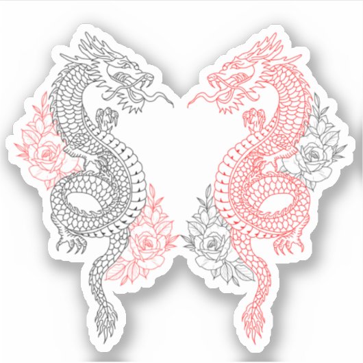Traditionelle Schwarze und Rote Drachen mit Rose Aufkleber (Vorderseite)