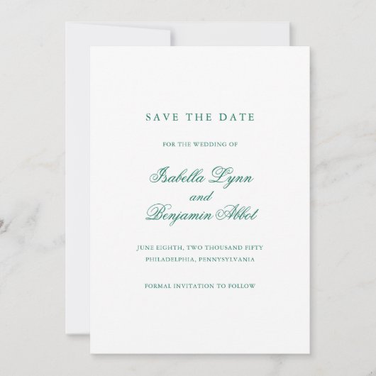 Traditionelle Smaragdgrüne feierliche Hochzeit Save The Date (Vorderseite)