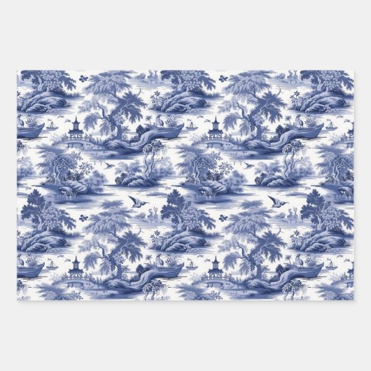 Traditionelle Toile de Jouy, Blaue Willow Muster Geschenkpapier Set (Vorderseite)
