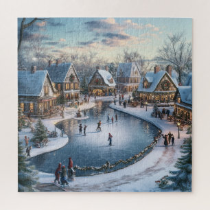 Traditionelle verschneite Weihnachtsdorfs Szene Puzzle