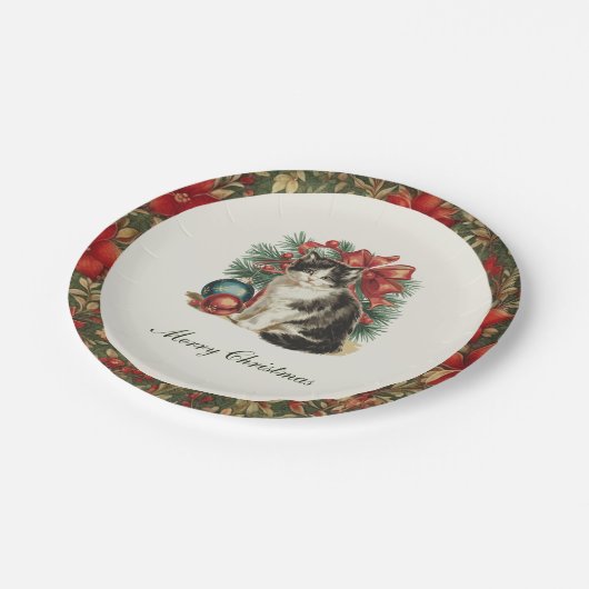 Traditionelle Vintage Weihnachten der Katze Pappteller (Schrägansicht)