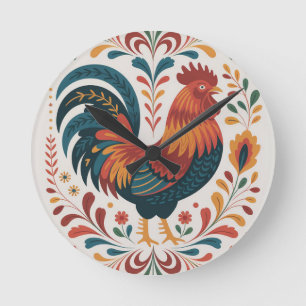 Traditionelle Volkskunst-Hahnenillustration Runde Wanduhr