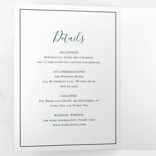 Traditionelle Waldgrüne Hochzeit Dreifach Gefaltete Einladung (Innen Erste Seite)