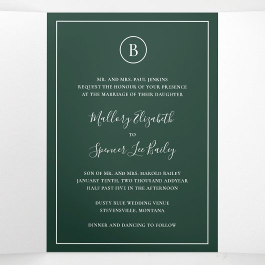 Traditionelle Waldgrüne Hochzeit Dreifach Gefaltete Einladung (Innenseite Mitte)