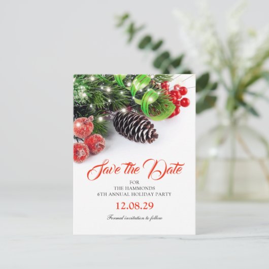 Traditionelle Weihnachtsfeier Save the Date Ankündigungspostkarte (Stehend Vorderseite)