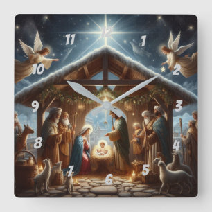 Traditionelle Weihnachtskrippe Quadratische Wanduhr