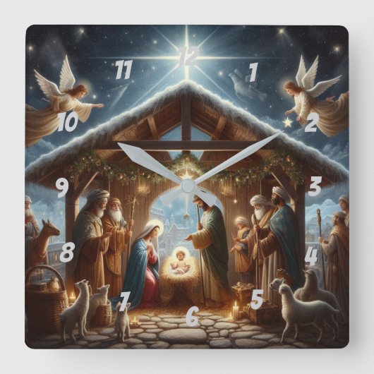 Traditionelle Weihnachtskrippe Quadratische Wanduhr (Vorderseite)