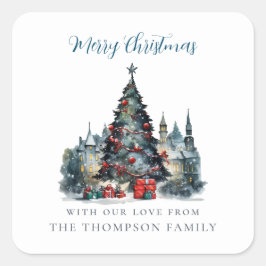 Traditionelle Weihnachtsszene Name Frohe Weihnacht Quadratischer Aufkleber