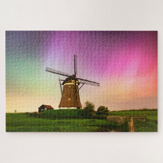 Traditionelle Windmühle unter dem Nordlicht Puzzle (Horizontal)