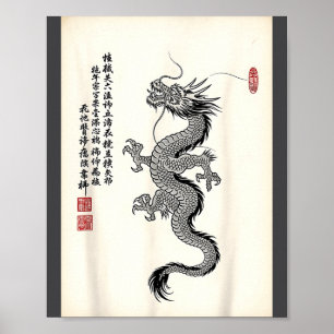 Traditioneller asiatischer Drache, Zeichnung, Tint Poster