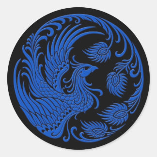 Traditioneller blauer Phönix-Kreis auf schwarz Runder Aufkleber