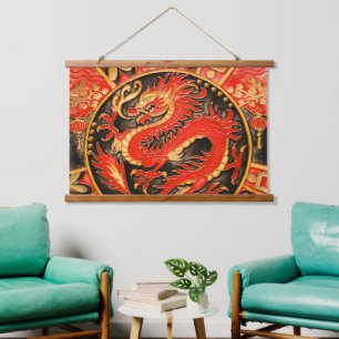 Traditioneller chinesischer Drache Red Gold Golden Wandteppich Mit Holzrahmen