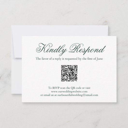 Traditioneller Forest Green Formal QR Code Hochzei RSVP Karte (Vorderseite)