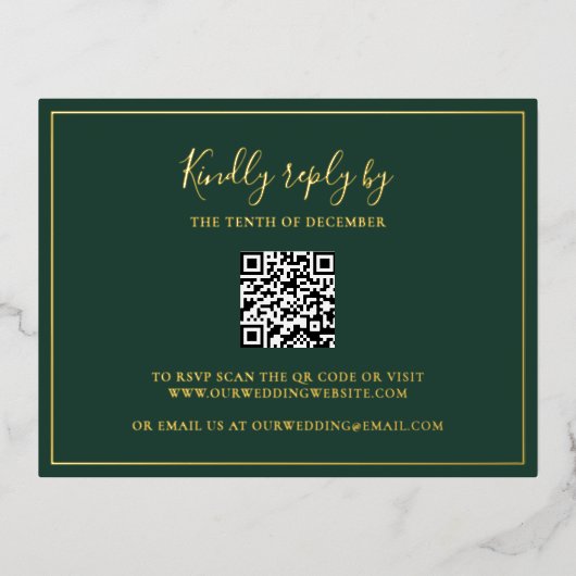 Traditioneller Forest Green QR Code Hochzeit-RSVP- Folie Einladungspostkarte (Vorderseite)