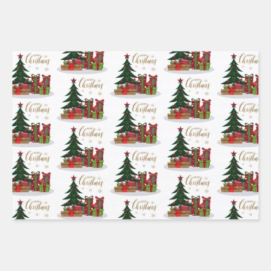 Traditioneller froher Weihnachtsbaum Geschenkpapier Set (Vorderseite)