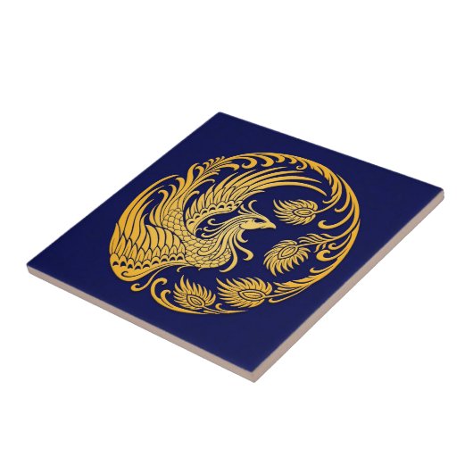 Traditioneller gelber Phoenix-Kreis auf Blau Fliese (Seite)