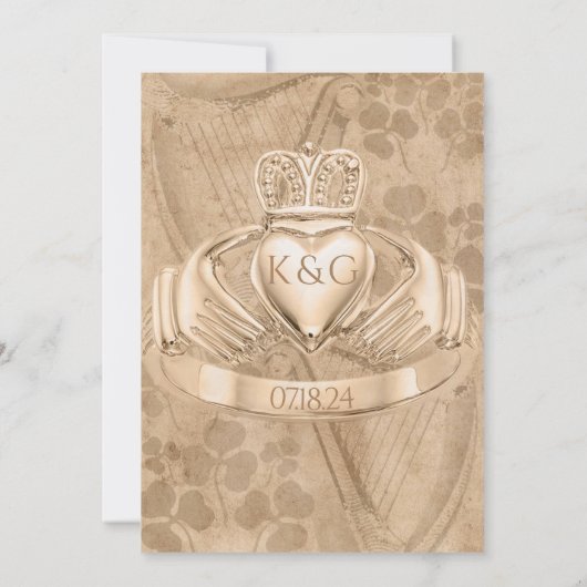 Traditioneller Irischer Claddagh Ring, Kleeblatt & Einladung (Rückseite)