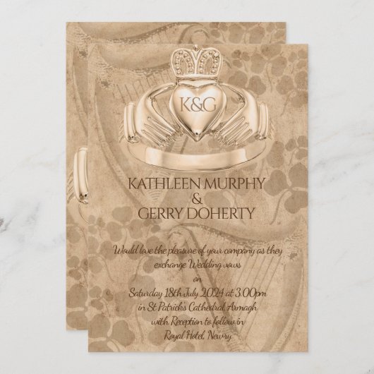 Traditioneller Irischer Claddagh Ring, Kleeblatt & Einladung (Vorne/Hinten)