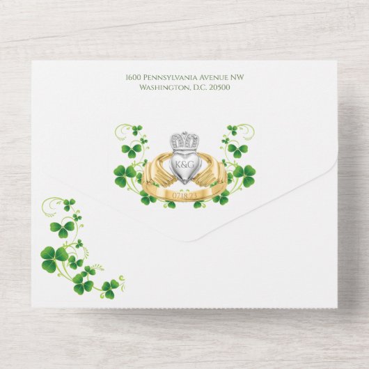 Traditioneller Irischer Claddagh Ring und Kleeblät All In One Einladung (Rückseite)