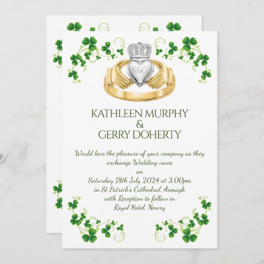 Traditioneller Irischer Claddagh Ring und Kleeblät Einladung (Vorne/Hinten)
