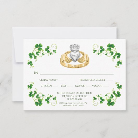 Traditioneller Irischer Claddagh Ring und Kleeblät RSVP Karte (Vorderseite)