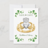 Traditioneller Irischer Claddagh Ring und Kleeblät Save The Date (Vorderseite)