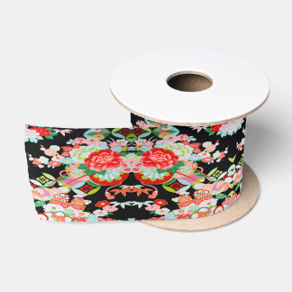 Traditioneller Japanischer Kimono floral schwarz r Satinband