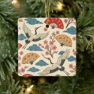 Traditioneller Japanischer Kranich Sakura Muster Keramikornament