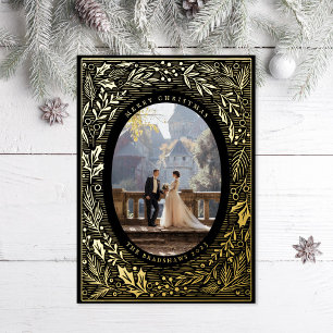 Traditioneller Kiefer und Holly Black Folien Feiertagskarte
