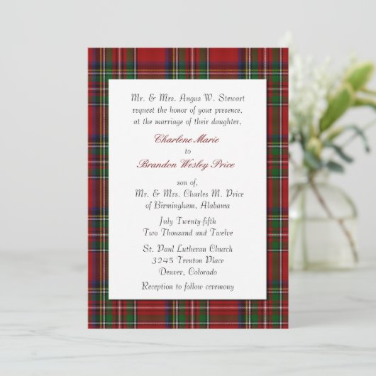 Traditioneller königlicher Stewart Karierte Hochze Einladung (Stehend Vorderseite)