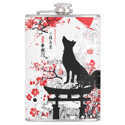 Traditioneller roter schwarzer japanischer Kitsune Flachmann (Vorderseite)