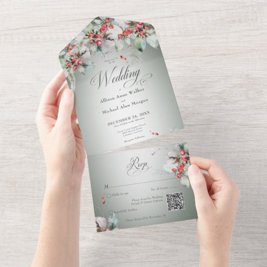 Traditioneller Rustikaler Winter Holly Berries QR All In One Einladung (Abreißen)