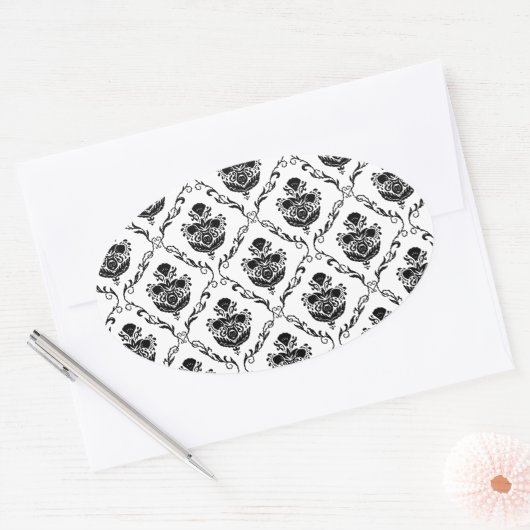 Traditioneller schwarzer Damast Ovaler Aufkleber (Umschlag)