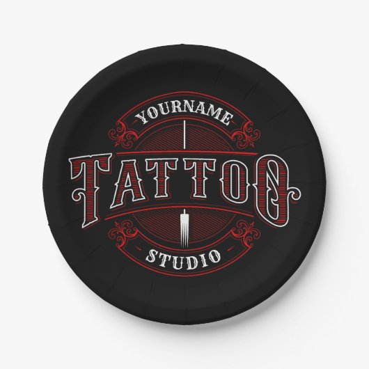 Traditioneller Stil ADD NAME Tattoo Studio Shop Pappteller (Vorderseite)