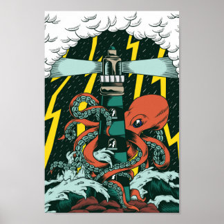 Traditioneller Tattoostil-Kraken und Leuchtturm Poster