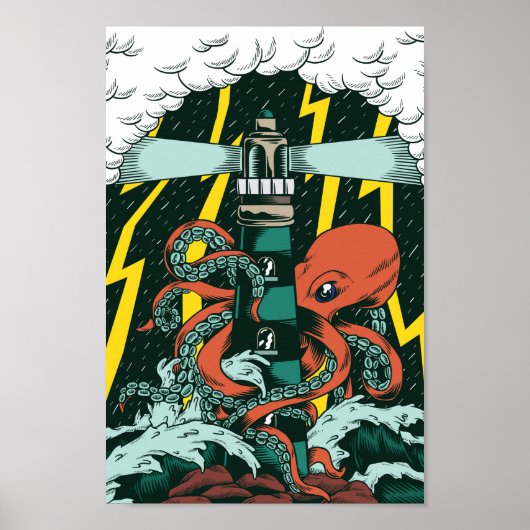 Traditioneller Tattoostil-Kraken und Leuchtturm Poster (Vorne)